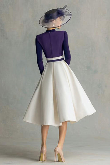 Prune Satin Une ligne col haut Midi Robe mère de la mariée avec manches